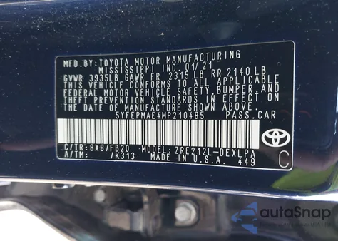 2021 Toyota Corolla Le из США, поврежденный, VIN 5YFEPMAE4MP210485